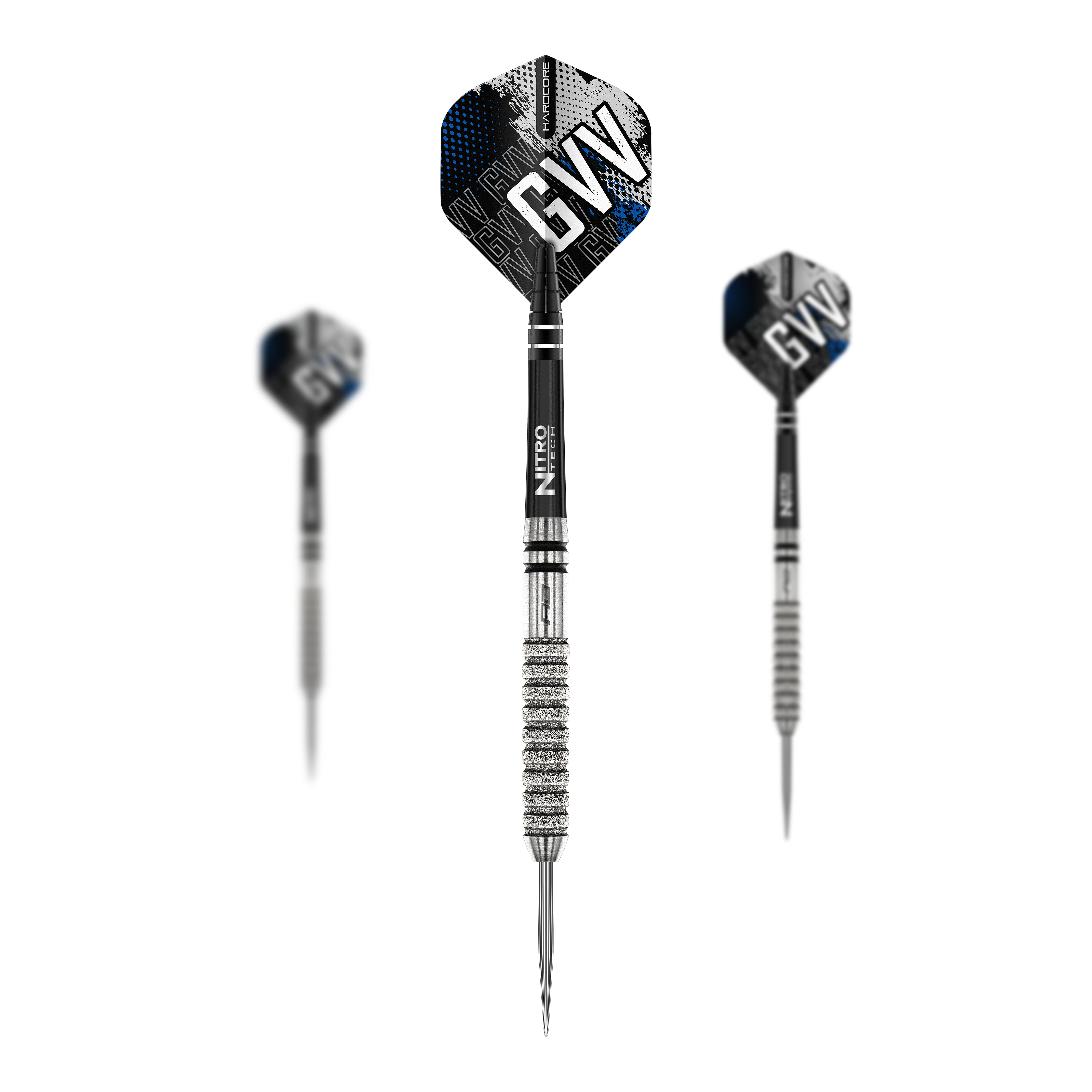 Das Bild zeigt drei Steeldarts des Modells "Red Dragon Gian Van Veen Tour Edition - 22g". Die Darts haben silberne Spitzen und Griffe mit schwarz-blauen Flights, auf denen "GVV" steht.